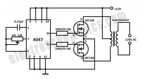 Circuit van een eenvoudige 12 naar 230 volt omvormer